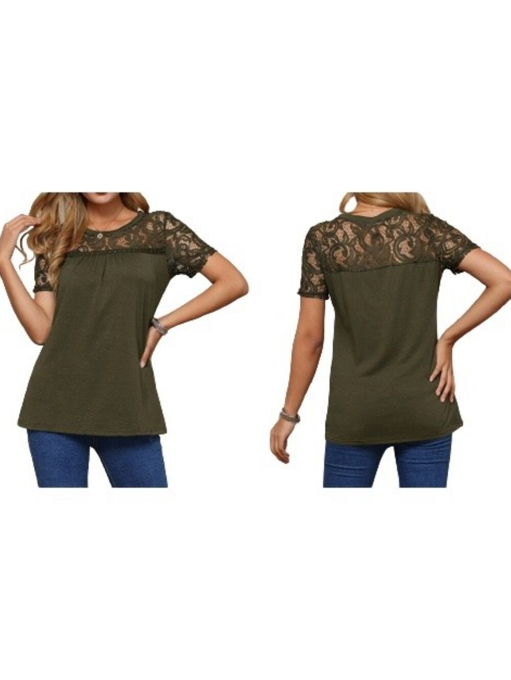 Spadehill Green Blouse Lace Sheer Illusion Neckline Cotton Blend Short Sleeves